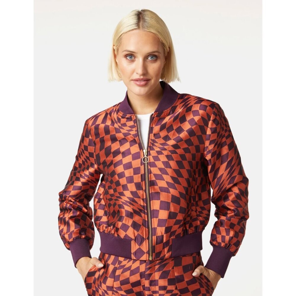 Gorman Warped Check Bomber Jacket in Orange & Purple Jacquard, 6, Like New